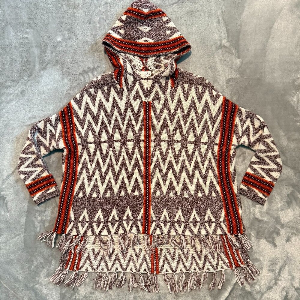 Shrinking Violet Hooded Poncho Knit Geometric Fringe Aztec Southwestern S